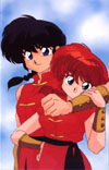 Ranma kun with his arms around his better half.